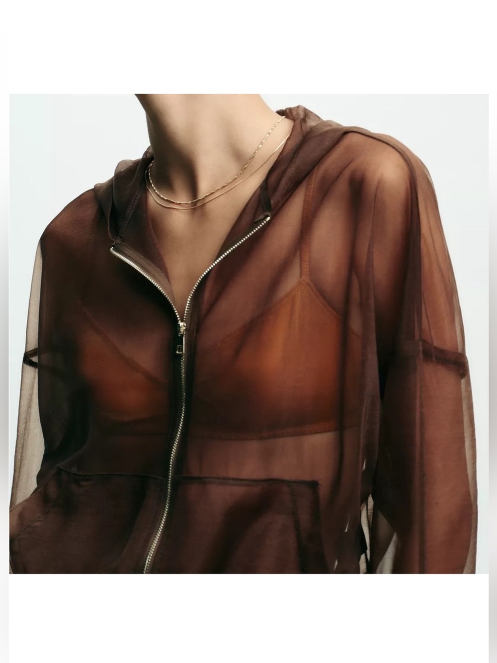 Zara Sheer Brown Hooded Zip-Front Bomber Jacket